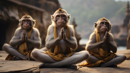 Monkeys doing yoga pose in orange and white coats in nature and in wooden buildings
