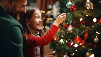 Happy parent helping their daughter decorate the house christmas tree, smiling young girl enjoying festive activities concept - obrazy, fototapety, plakaty