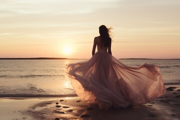 Rear view of a ballerina in a flowing dress, showcasing her elegant moves on a serene, deserted beach. The golden hues of sunset paint a poetic backdrop, reflecting her passion and dedication.
