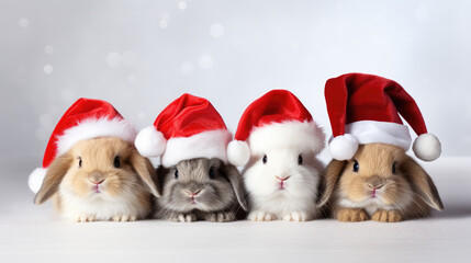 Christmas, New Year, rabbit in a red hat, Santa from AI