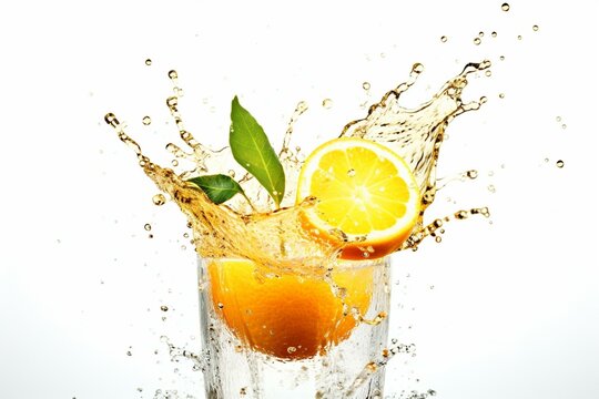 Splashing citrus drink on plain white. Generative AI