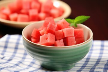 chunks of watermelon in a porcelain bowl