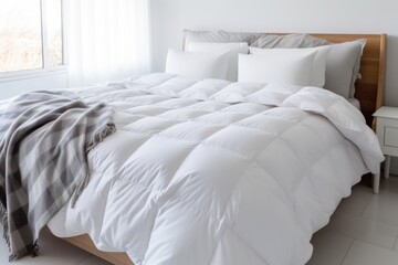 thick winter duvet spread on a large bed - obrazy, fototapety, plakaty