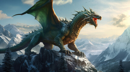 Green, red-eyed dragon on a snowy mountain from AI
