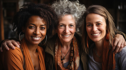 Group of multi-ethnic friends smiling together, looking at camera.