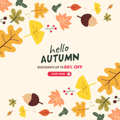 Autumn leaves pattern with hello autumn sale banner illustration, vector, shopping, flash sale and big sale