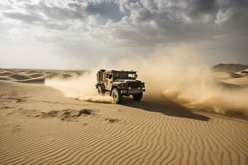 military vehicle traversing a sandy desert. Generative AI