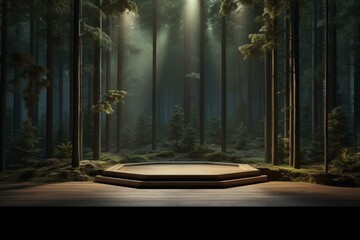 3D stage in forest with trees and gentle lighting. Empty podium melds with surroundings. Generative AI