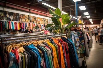 clearance rack full of discounted apparel - obrazy, fototapety, plakaty