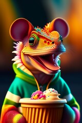 Dragon Cartoonish chameleon eating icecream