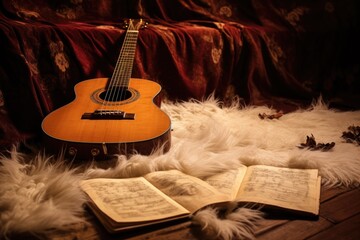 guitar and sheet music on a fur rug