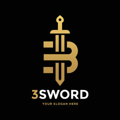 Sword letter or number 3 vector logo template. This design use gold. Suitable for business or battle 