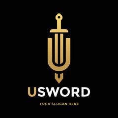 Sword U letter or number vector logo template. This design use gold. Suitable for business or battle  © ismadesign