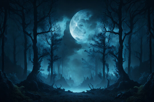 Dark mystical magical forest. AI