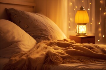 warm lamp lit in a cozy bedroom, emphasizing downtime - obrazy, fototapety, plakaty