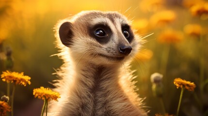 Fototapeta premium meerkat in flowers in beautiful light