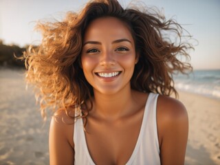 Portrait of Beautiful Woman at the Beach for Wellness Lifestyle, Serene Woman on Beach for Mental Health Advertisement, Wellness and Mental Health: Beach Portrait of a Beautiful Woman