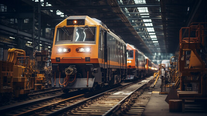 Fototapeta premium Train assembly plant. Train manufacturer. Train factory. Generative AI