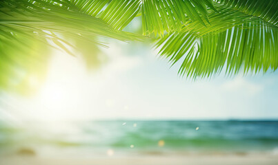 Fototapeta na wymiar Close-up of palm leaf with blurred tropical beach.