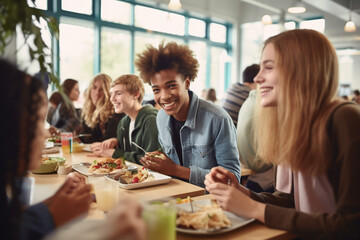 Students in a school dining room, eating lunch, healthy eating in high education - obrazy, fototapety, plakaty