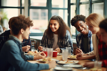 Students in a school dining room, engaging in lunch break at the cafeteria - obrazy, fototapety, plakaty
