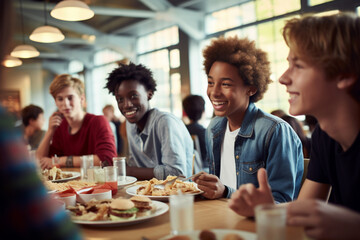 Students in a school dining room, sitting at cafeteria tables and sharing a meal, multicultural...