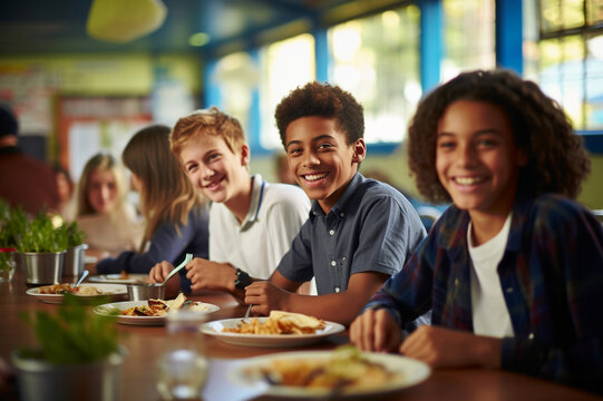 Students in a school dining room, lunchtime at the school cafeteria, healthy eating