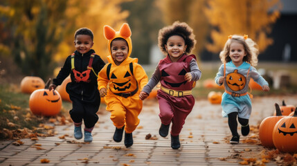 children in halloween costumes running down the street in suburbs, smiling, having fun, Halloween pumpkins, jack-o-lanterns, diverse kids, outdoor photo, trick or treating