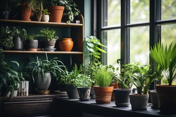 office plants in stylish pots placed near the window