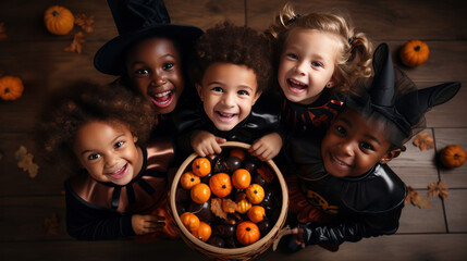 children in halloween costumes holding a bowl with candies, diverse boys and girls smiling and looking at camera, trick or treating