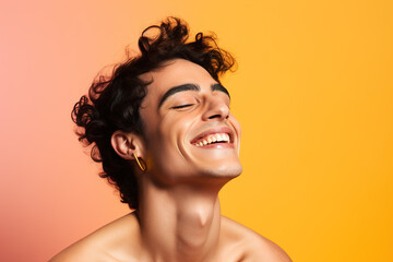 Celebrating LGBTQ+ Empowerment: Male Beauty Transformation on Monochromatic Backdrop, celebrating the LGBTQ+ community and queer culture, the power of self-expression, defiance of traditional beauty - obrazy, fototapety, plakaty
