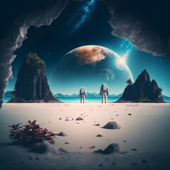 astronauts on tropical beach with planet on horizon galaxy sky fantasy world stone world vision ultra realistic photo 8k  - obrazy, fototapety, plakaty