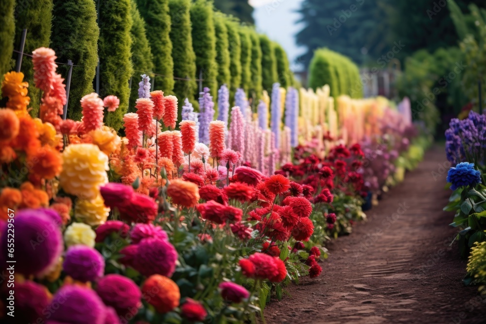 Wall mural perfectly arranged, colorful rows of flowers in a garden