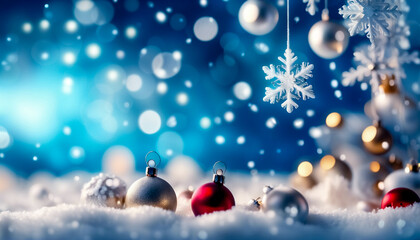 Fototapeta na wymiar Decorazioni di Natale sotto la neve, stelle e palline colorate