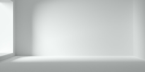 Empty white interior room background template with sun shining thru large window on the left, modern architecture template background