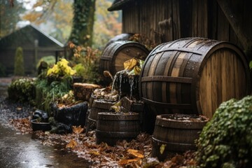 collection of rainwater in a barrel outdoors