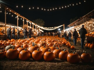 pumpkins on a pumpkin patch farm autumn fall festival with lights and people