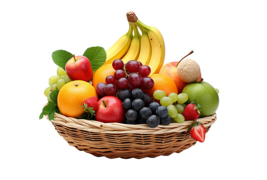 Fruits including oranges, apples, grapes, bananas are in a wicker basket.