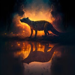 metalic crocodile panther in a fantasy landscape atmospheric lighting warm colors abstract art  - obrazy, fototapety, plakaty