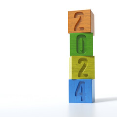 Happy New Year Concept. Number 2024 on wooden cube blocks with white background. 3d Rendering