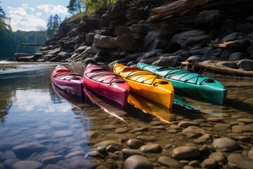 colorful kayaks on rivers sandy shore - Powered by Adobe