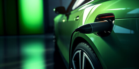 Closeup of electric car plug charging in green colors, ecology and future concept with copyspace - obrazy, fototapety, plakaty