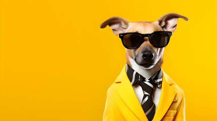 A dog dressed up in a cool jacket and tie.
Rocking glasses for that extra flair.
Posing on a yellow backdrop, looking super chic.
Space on the right for your message best for advertisment 