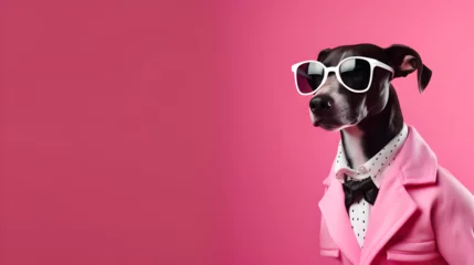 Foto op Plexiglas A dog dressed up in a cool jacket and tie. Rocking glasses for that extra flair. Posing on a pink backdrop, looking super chic. Space on the right for your message , best for marketing and advertiseme © K