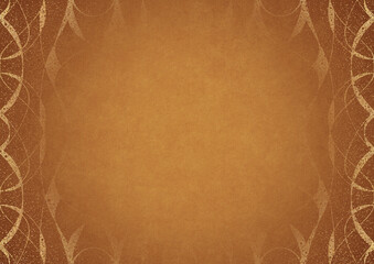 Yellow textured paper with vignette of darker color and golden hand-drawn pattern with splatters of golden glitter. Copy space. Digital artwork, A4. (pattern: p10-3b)