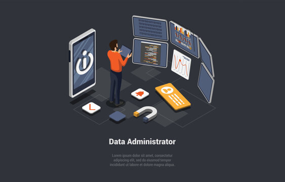 System Administrator Upkeeping Server, Adjusting Network, PC Hardware. Sysadmin Repairing Computer And Smartphone. Administration, Data Center Maintenance Service. Isometric 3d Vector illustration