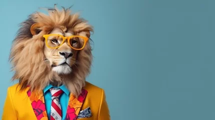 Gordijnen A lion snazzy jacket and tie. Stylish glasses complete its cool look.Poses like a top supermodel. best for advertisement banner Wide banner with space for text left side © K