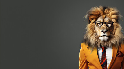 Lion in gentleman look wearing suit coat and tie  .Poses like a top supermodel. best for advertisement banner Wide banner with space for text left side