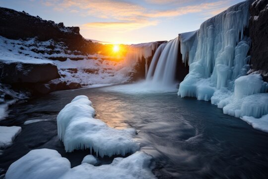 sunrise illuminating a frozen waterfall