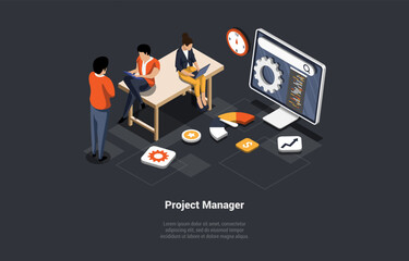 Concept Of New Startup Or Project. Software Engineer Man Project Manager Develop Or Working On New Startup Idea. Creative Team Working Together On Laptops. Isometric 3d Cartoon Vector Illustration